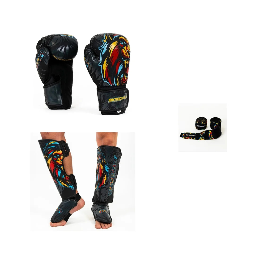 Pachet Lion: Manusi + Tibiere + Bandaje 4.5m CADOU | knock-out.ro