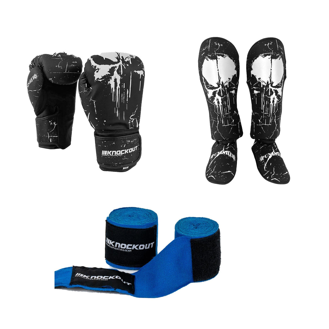 Punisher 2.0 pack: Manusi + Tibiere + Cadou Bandaje 3 M Albastre | knock-out.ro