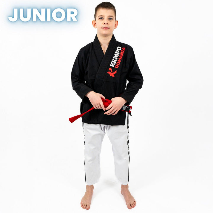 Pachet Kempo Copii Rosu: Kimono + Centura + Manusi + Tibiere | knock-out.ro