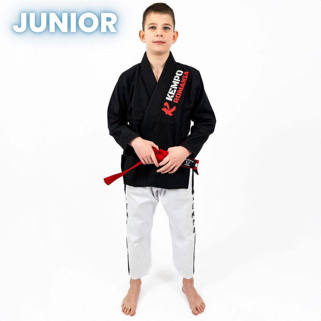 Pachet Kempo Copii Rosu: Kimono + Centura + Manusi + Tibiere | knock-out.ro