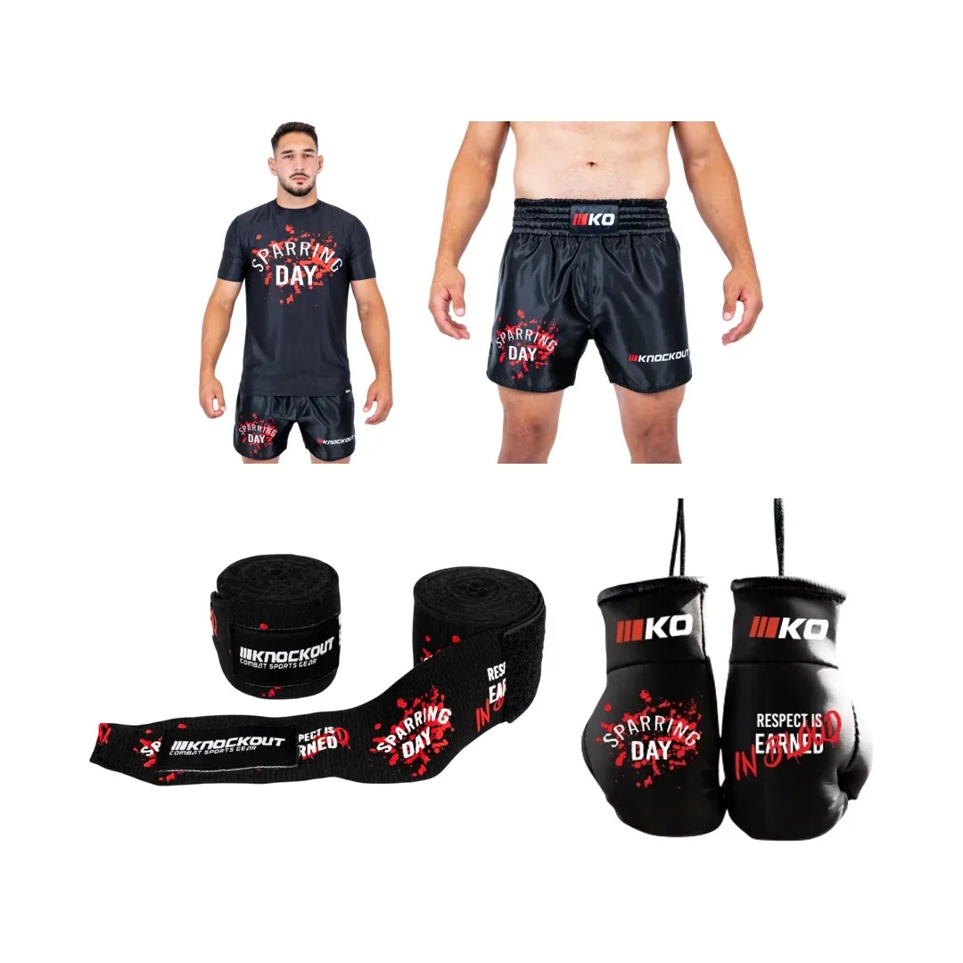 Pachet Sparring Day: Tricou + Sort + Bandaje + Breloc | knock-out.ro