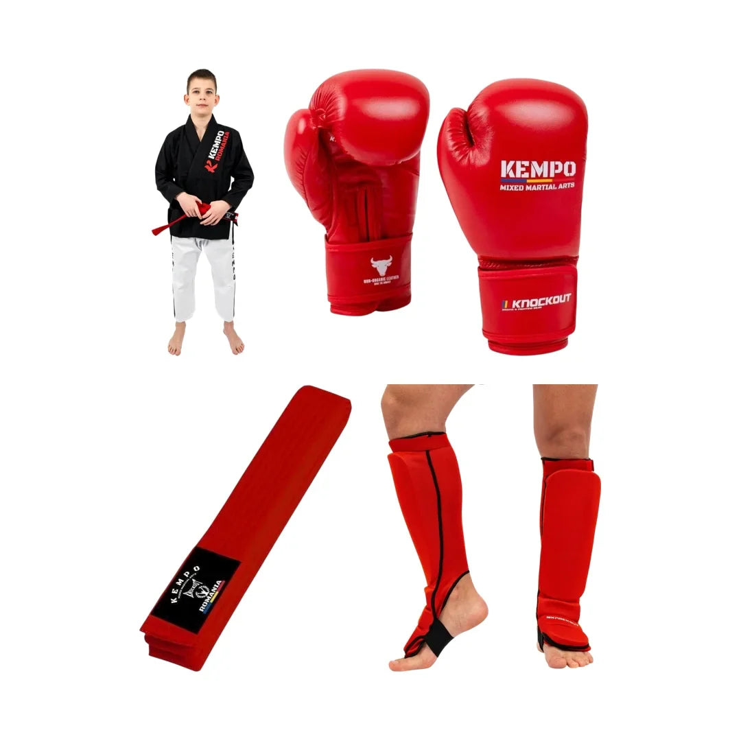 Pachet Kempo Copii Rosu: Kimono + Centura + Manusi + Tibiere | knock-out.ro