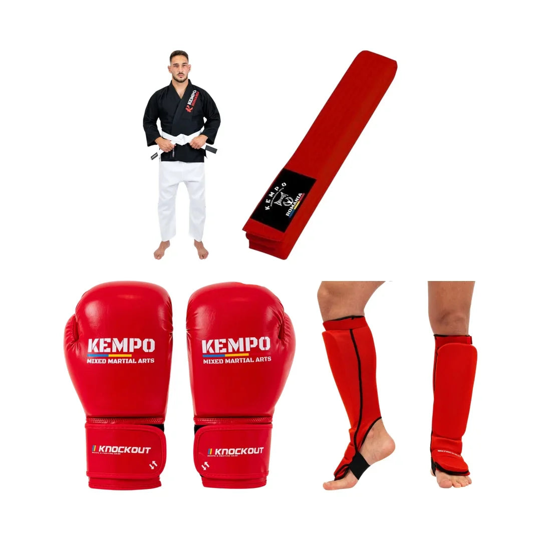 Pachet Kempo Rosu: Kimono + Centura + Manusi + Tibiere | knock-out.ro