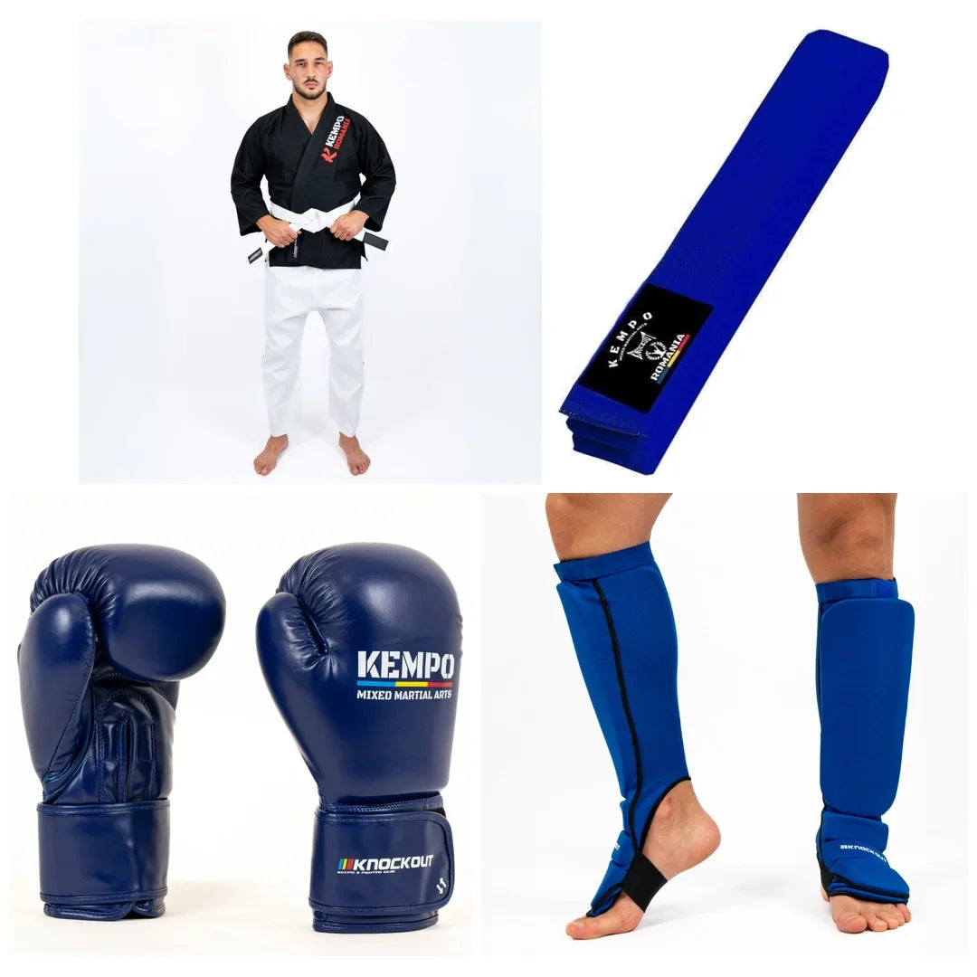 Pachet Kempo Albastru: Kimono + Centura + Manusi + Tibiere | knock-out.ro