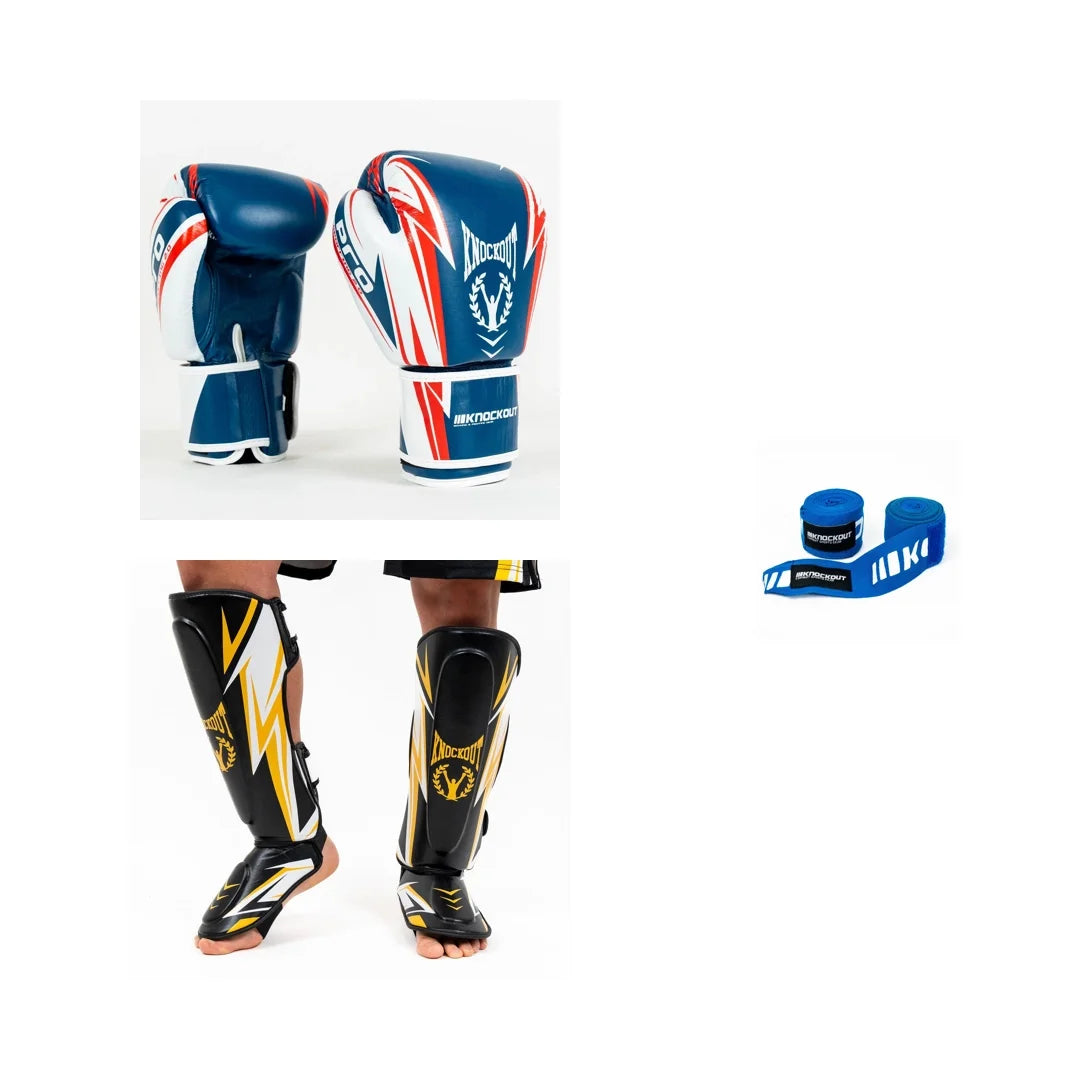 Pachet Pro Sparring: Manusi + Tibiere + Bandaje Ko 4.5m CADOU | knock-out.ro