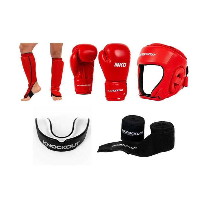 Pachet Competitie Kickbox Rosu: Manusi + Tibiere + Casca + Proteza + CADOU Bandaje | knock-out.ro